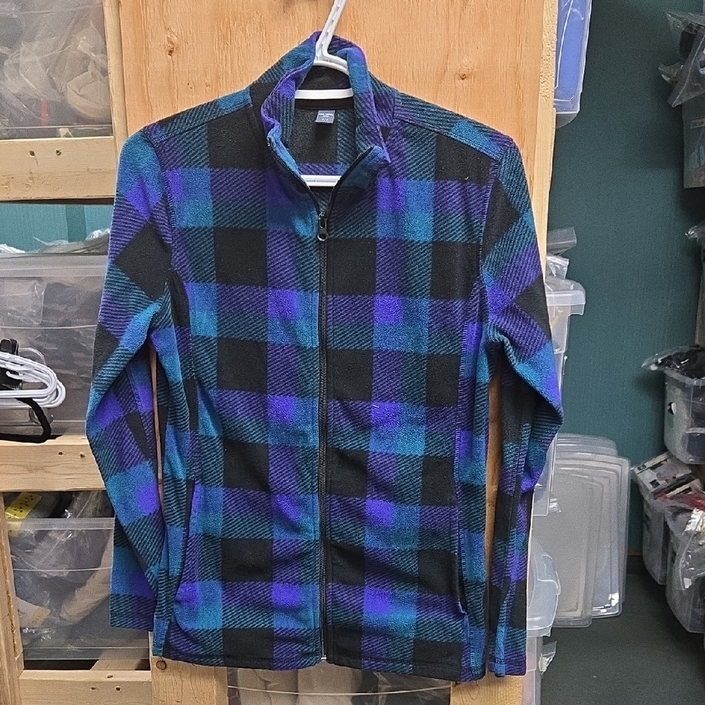 Joe Fresh Size S Blue Purple Black Plaid Fleece Zip Up Sweater